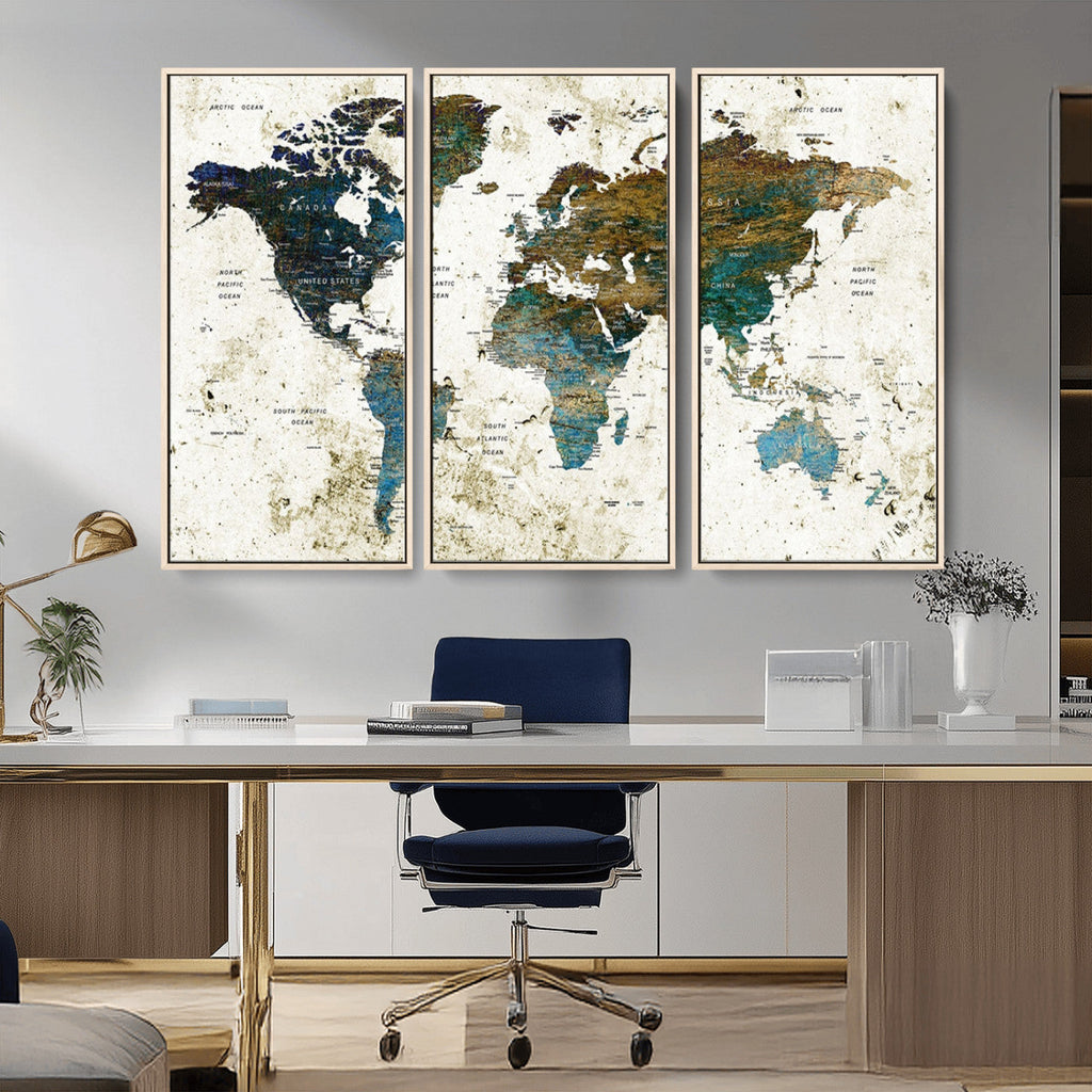 Vintage World Map Wall Art Canvas Print, Framed Rustic Earth Tone Map