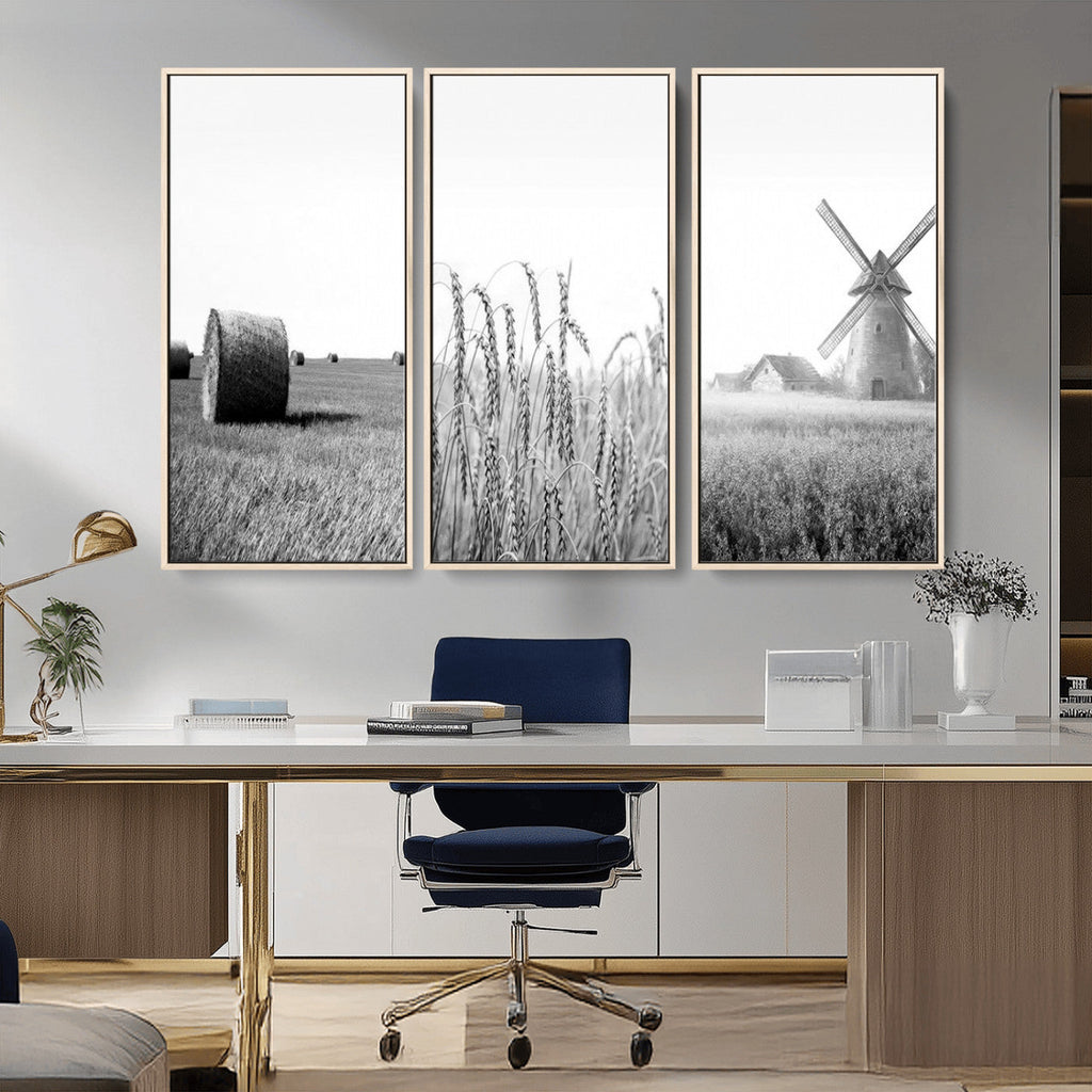 Vintage Farmhouse Black and White Triptych Wall Art, Giclee Canvas with Wheat Fields, Hay Bales and Windmill