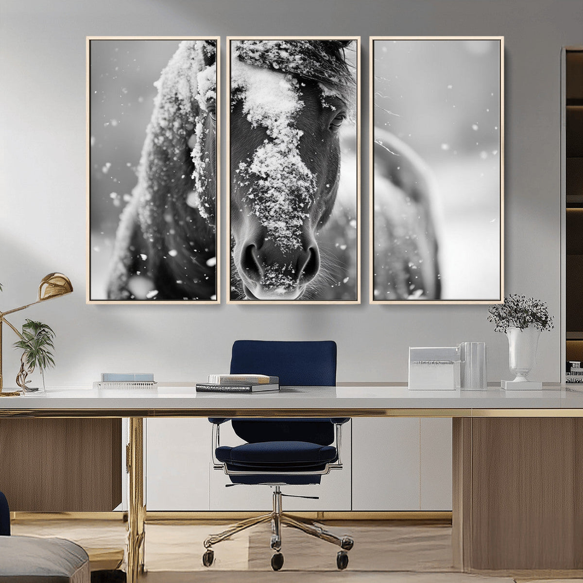 Black and White Horse Winter Wall Art, Ready to Hang