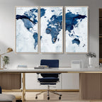Modern Blue World Map Canvas Print | Elegant Travel Map Wall Art for Home Office