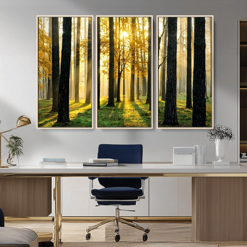 Sunlit Forest Wall Art Canvas Print, Large Framed Woodland Scene with Golden Light