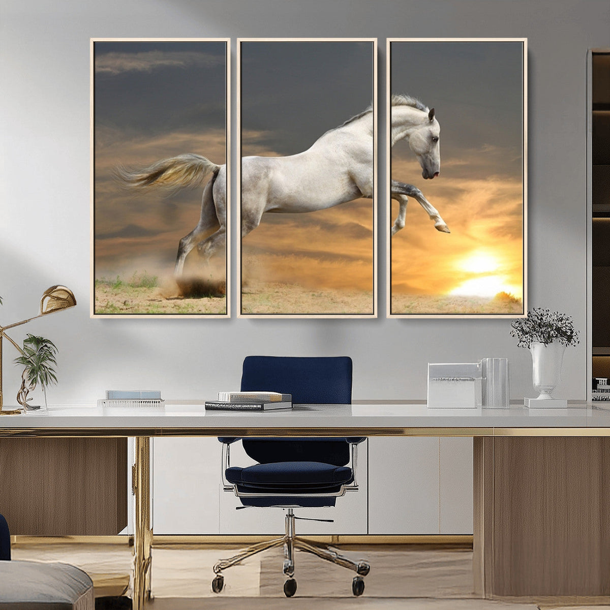 Large Wall Art Canvas Print, White Jumping Horse at Sunset