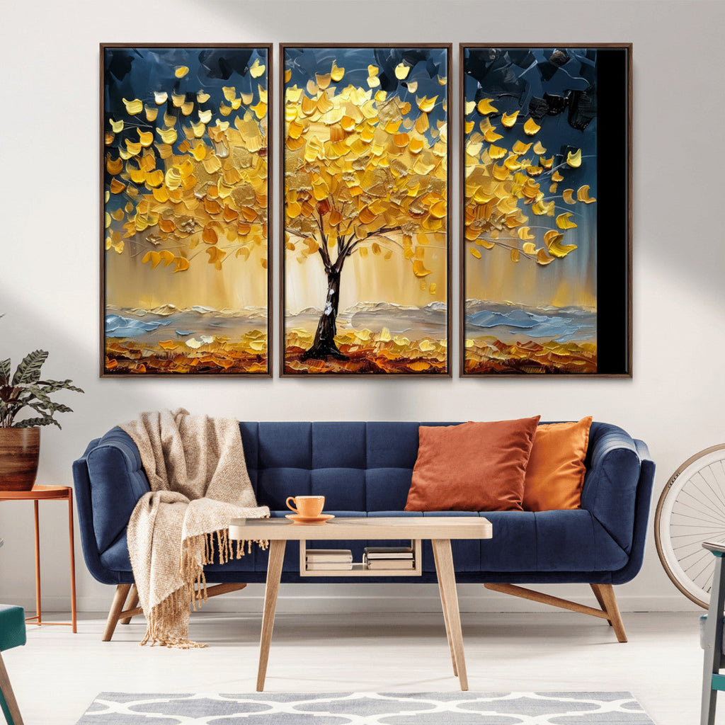 Golden Tree Wall Art | Framed Autumn Leaves Canvas Artwork