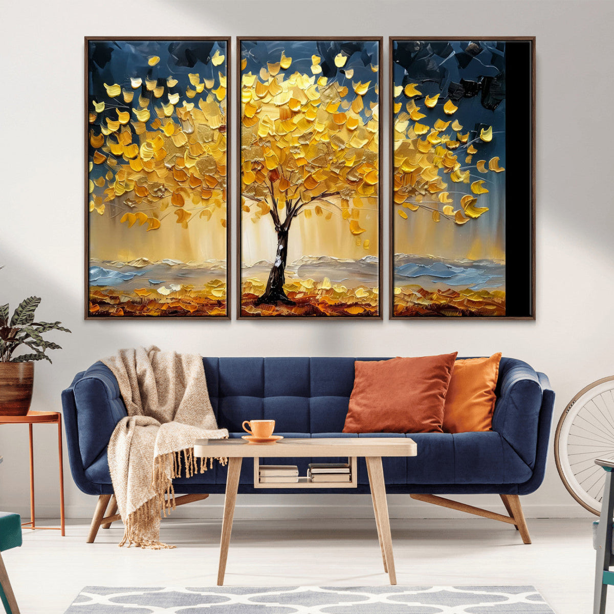 Golden Tree Wall Art | Framed Autumn Leaves Canvas Artwork