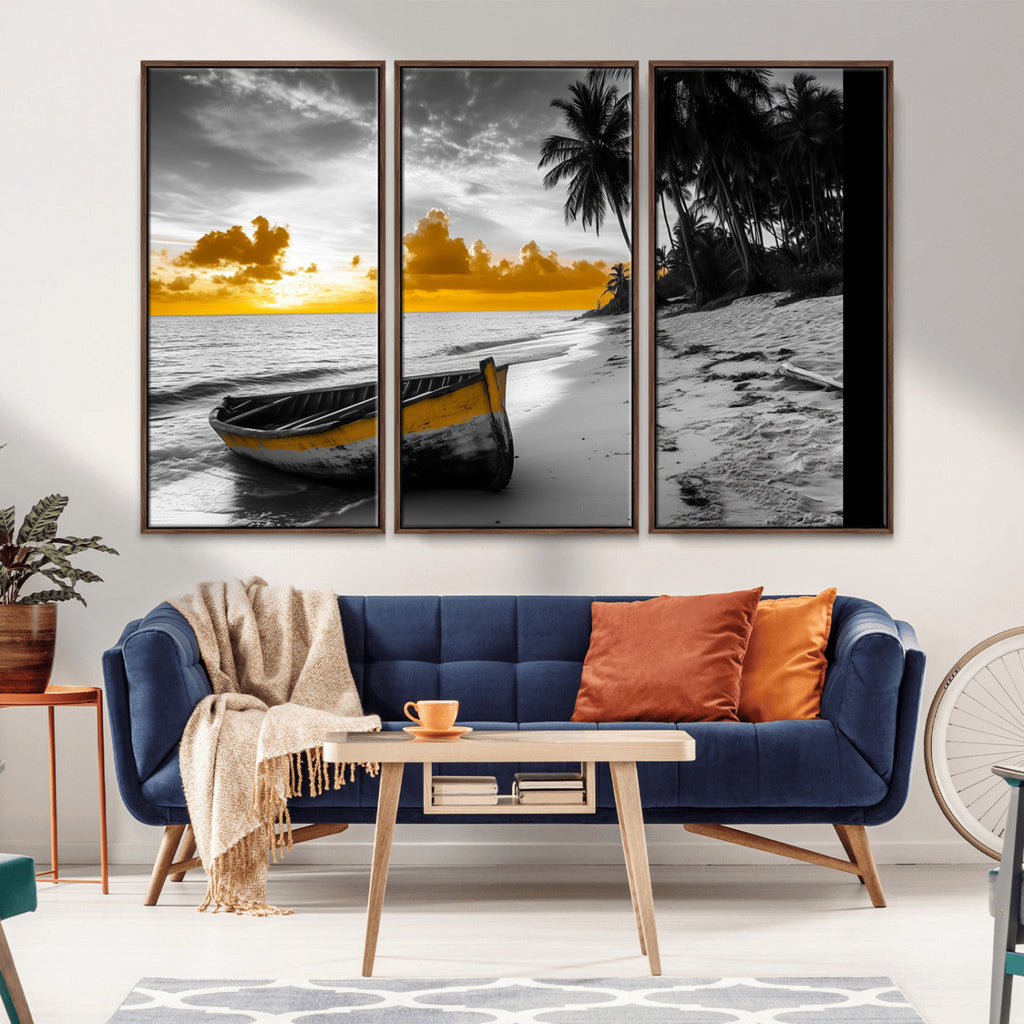Yellow Rowboat Wall Art | Framed Tropical Shoreline Canvas