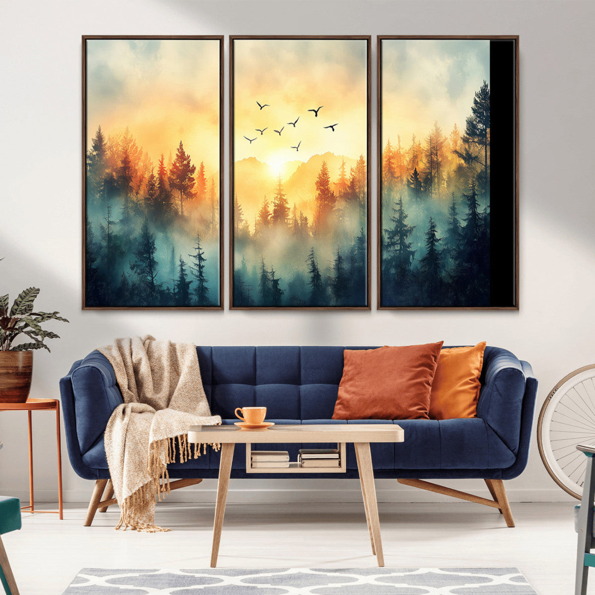 Sunrise Forest Wall Art | Framed Misty Pines Canvas Artwork