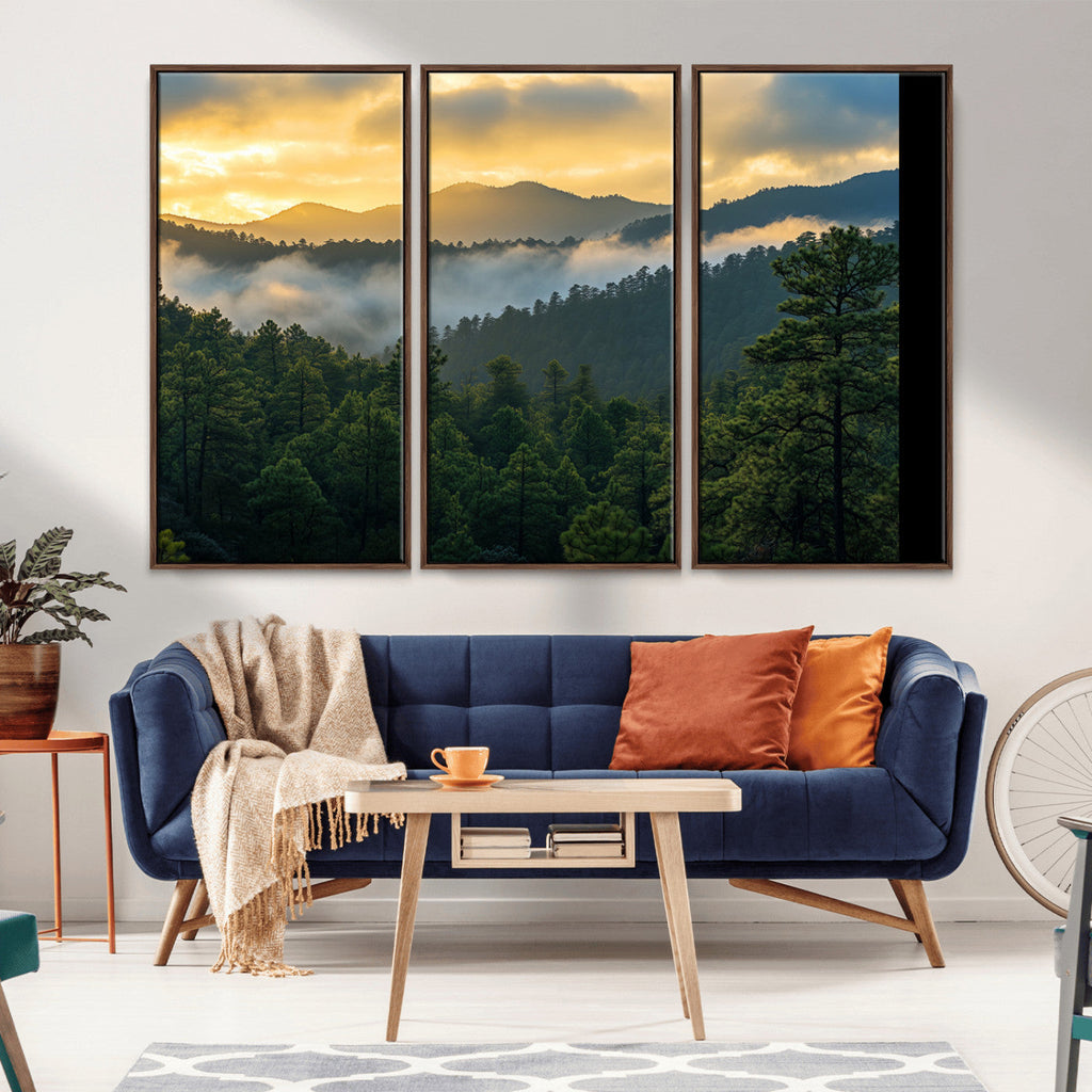 Mountain Sunrise Wall Art | Framed Pine Forest Canvas