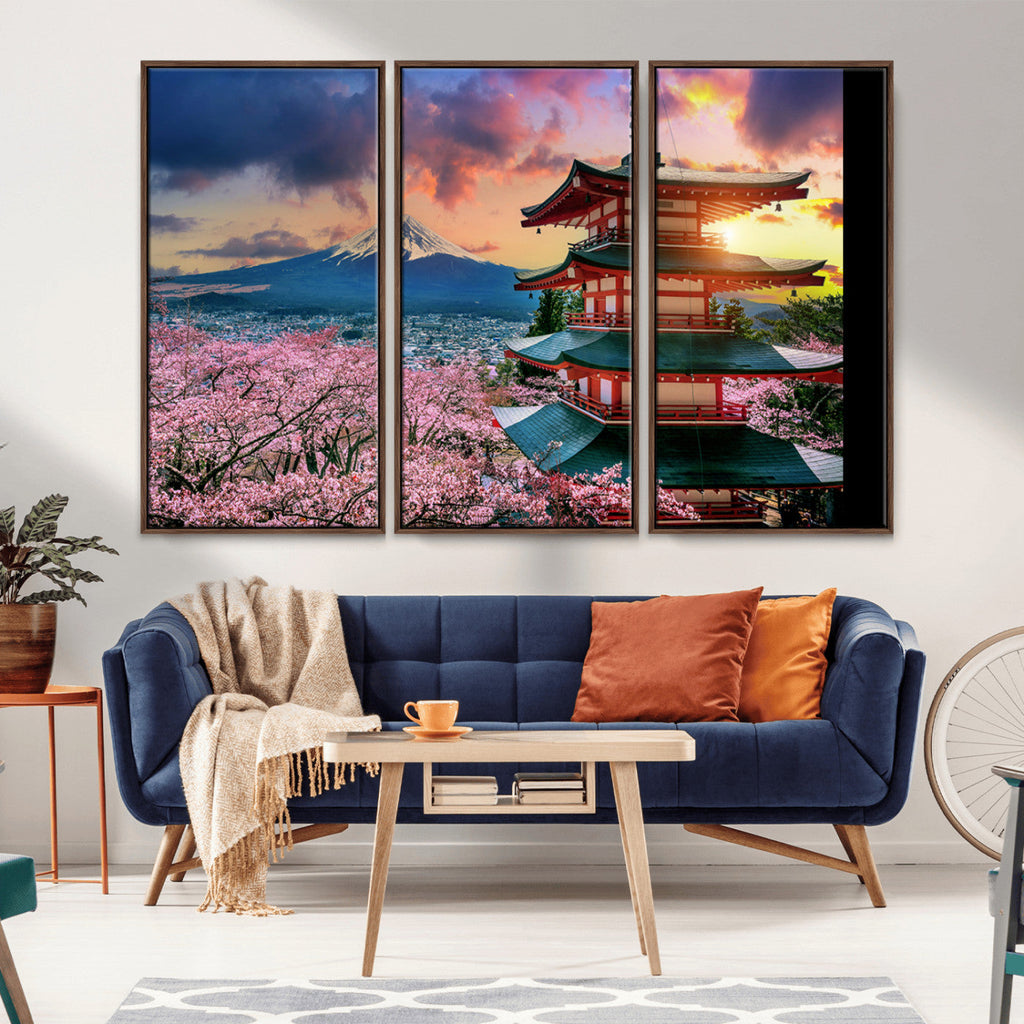 Mount Fuji Cherry Blossom Wall Art Canvas Print | Framed Pagoda Sunset