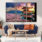Mount Fuji Cherry Blossom Wall Art Canvas Print | Framed Pagoda Sunset