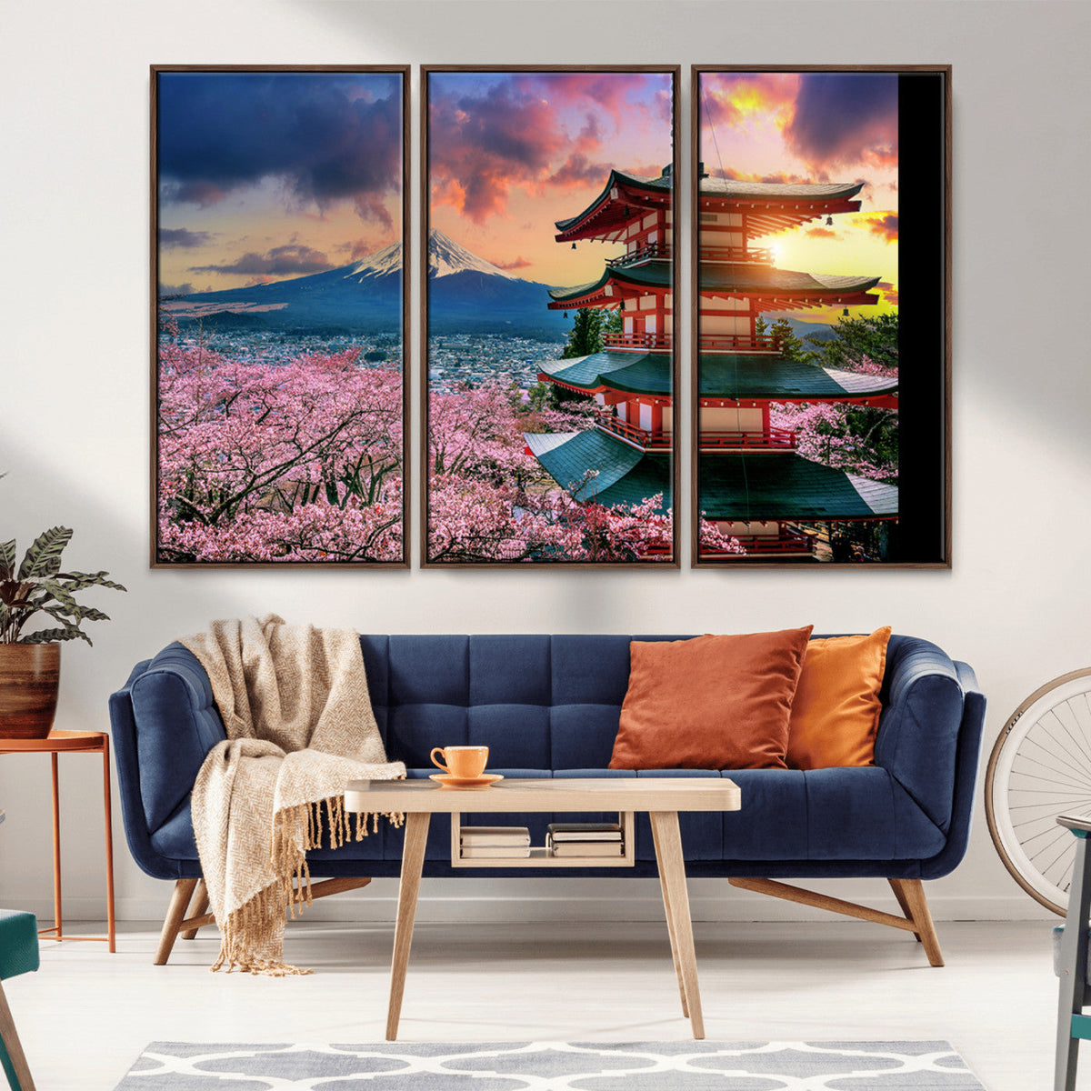 Mount Fuji Cherry Blossom Wall Art Canvas Print | Framed Pagoda Sunset