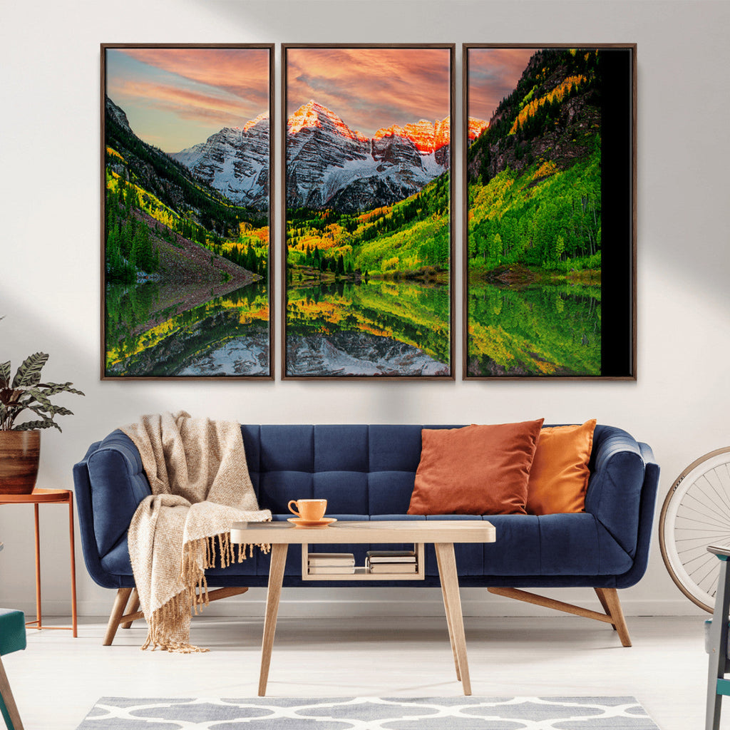 Sunset Glow Mountain Wall Art Canvas Print | Peaks, Green Forest and Lake