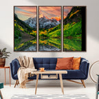 Sunset Glow Mountain Wall Art Canvas Print | Peaks, Green Forest and Lake