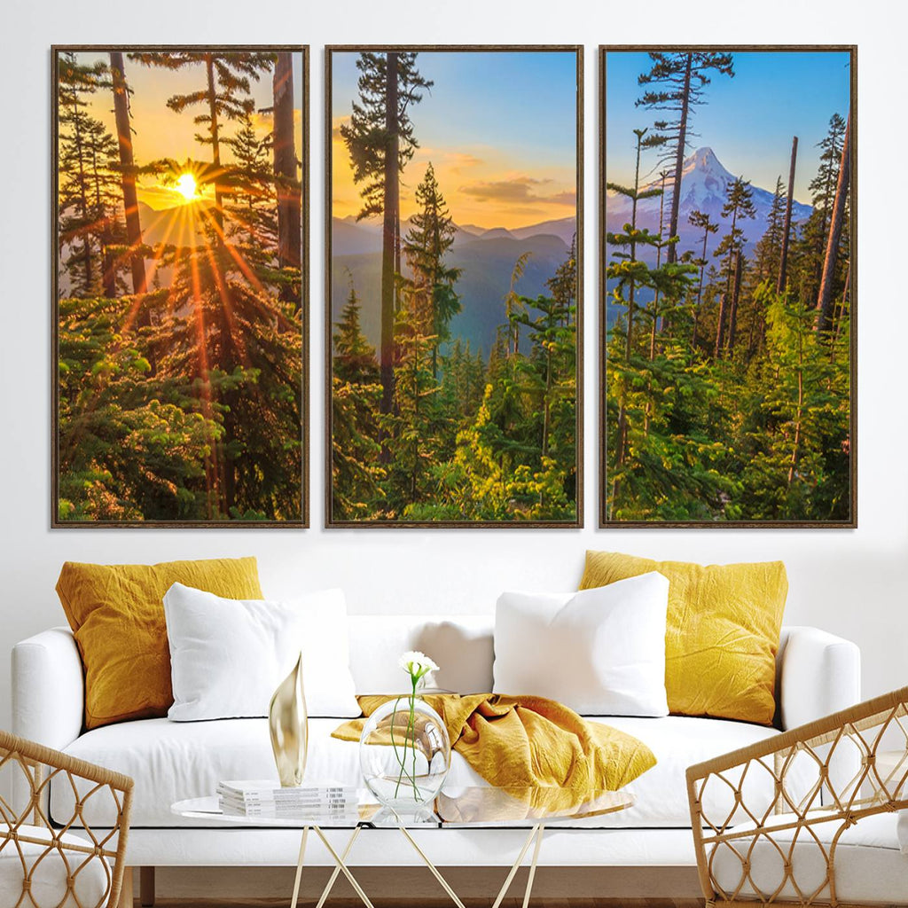 Forest Sunset Wall Art Canvas Print | Green Pines in Golden Light
