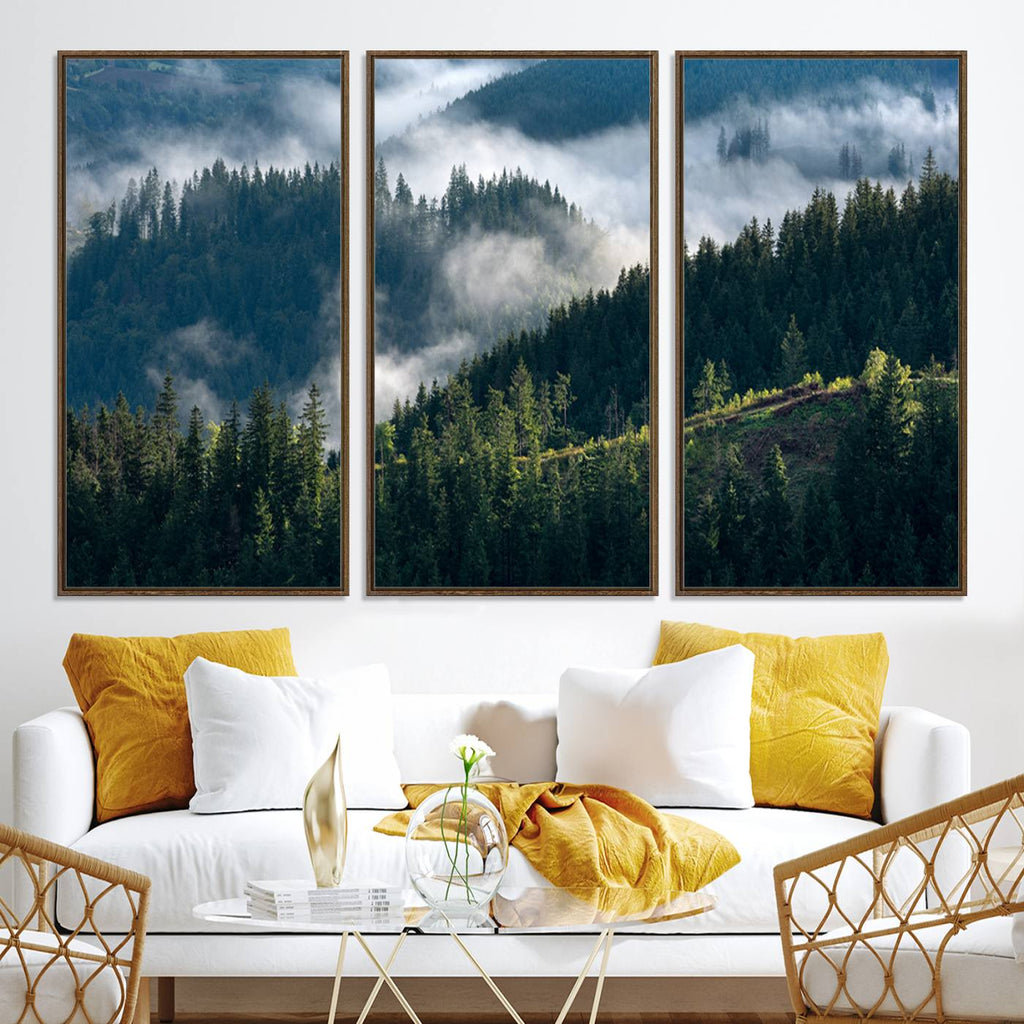 Misty Forest Wall Art Canvas Print | Pine Hills with Foggy Trees