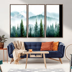 Misty Pine Forest Wall Art, Foggy Mountain Landscape Canvas