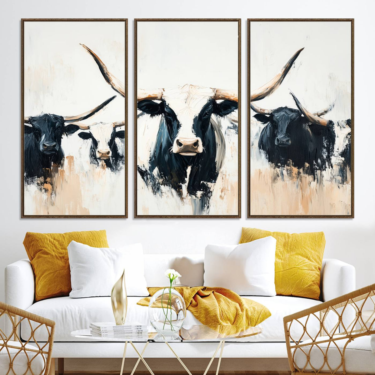 Texas Longhorn Wall Art Canvas Print | Majestic Horned Bull in Black and White