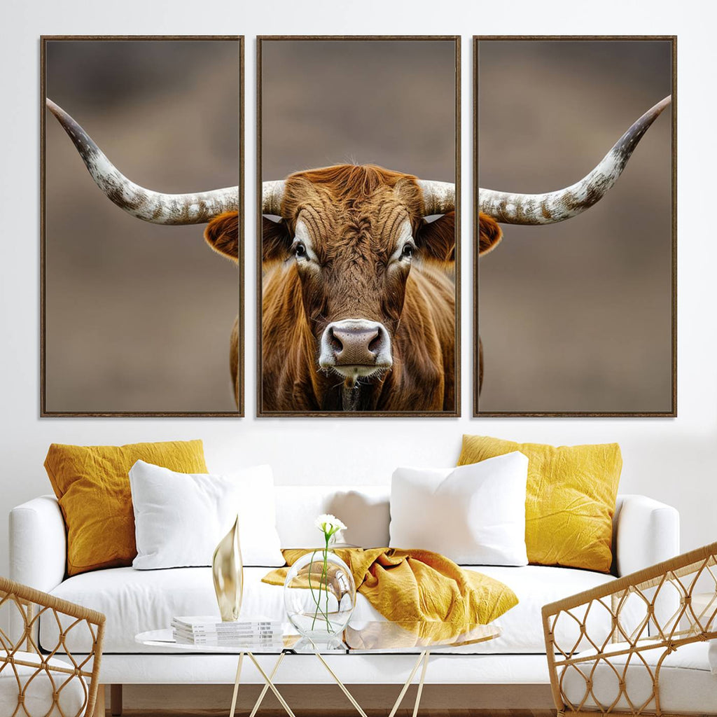 Texas Longhorn Wall Art Canvas Print | Rustic Brown Bull Western Decor