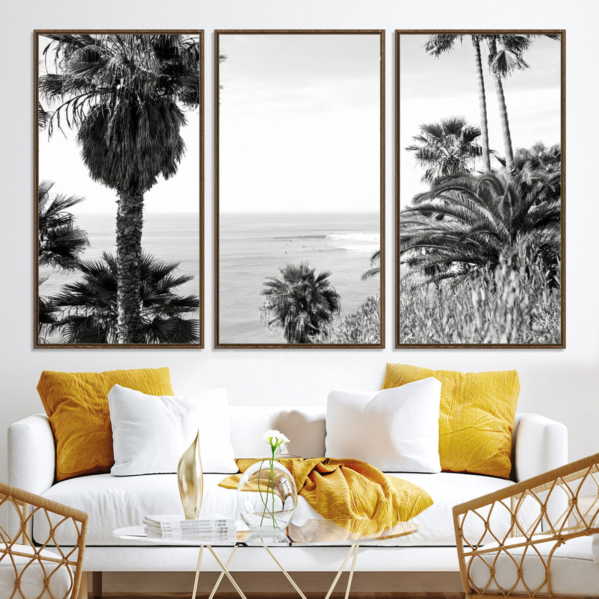 Palm Trees Wall Art Canvas Print, Framed Coastal Ocean Horizon Monochrome Art