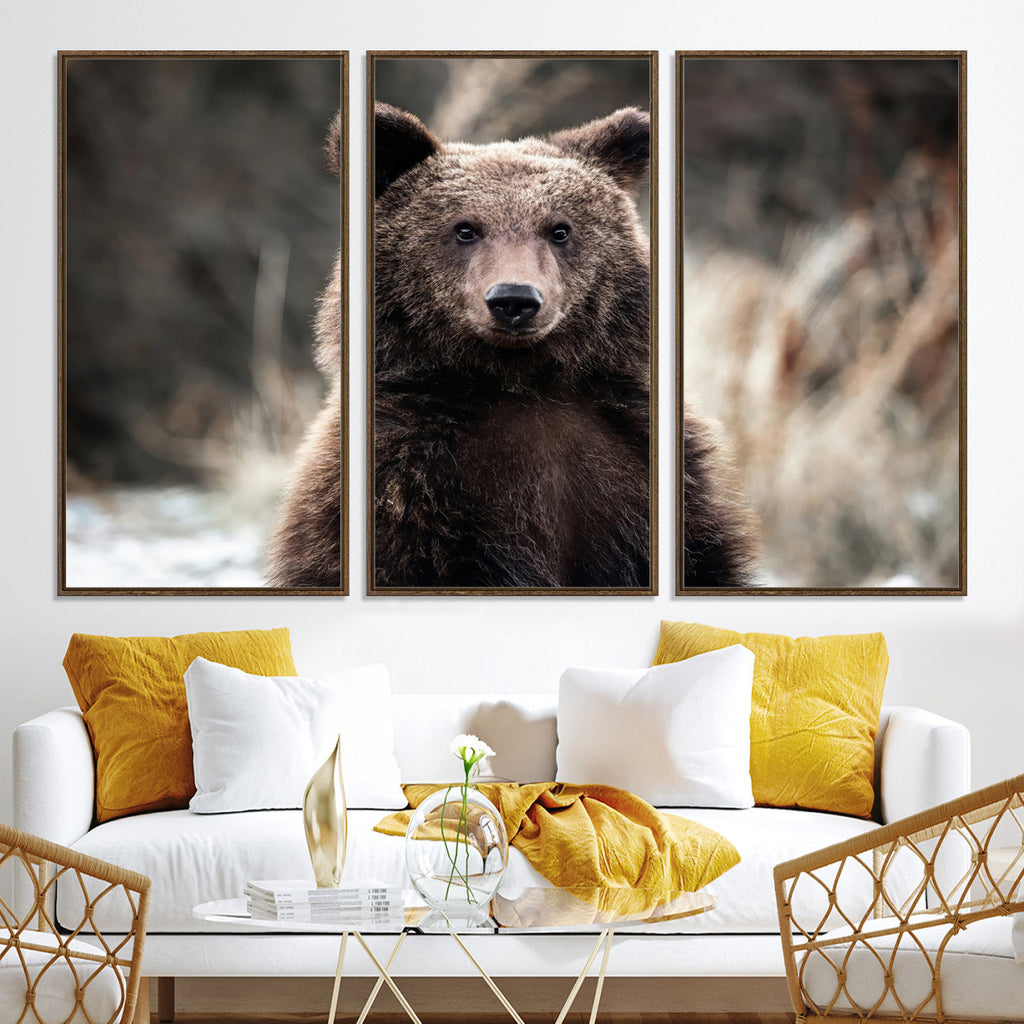 Brown Bear Wall Art Canvas Print, Framed Majestic Woodland Wildlife Cabin Art
