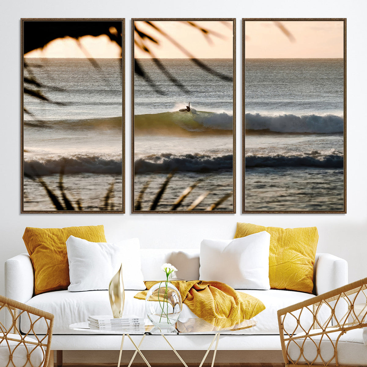 Sunset Surf Wall Art Canvas Print, Framed Golden Hour Waves Boho Beach Art