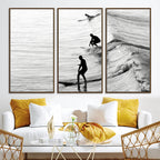Surfers on Waves Wall Art Canvas Print | Framed Black and White Surf