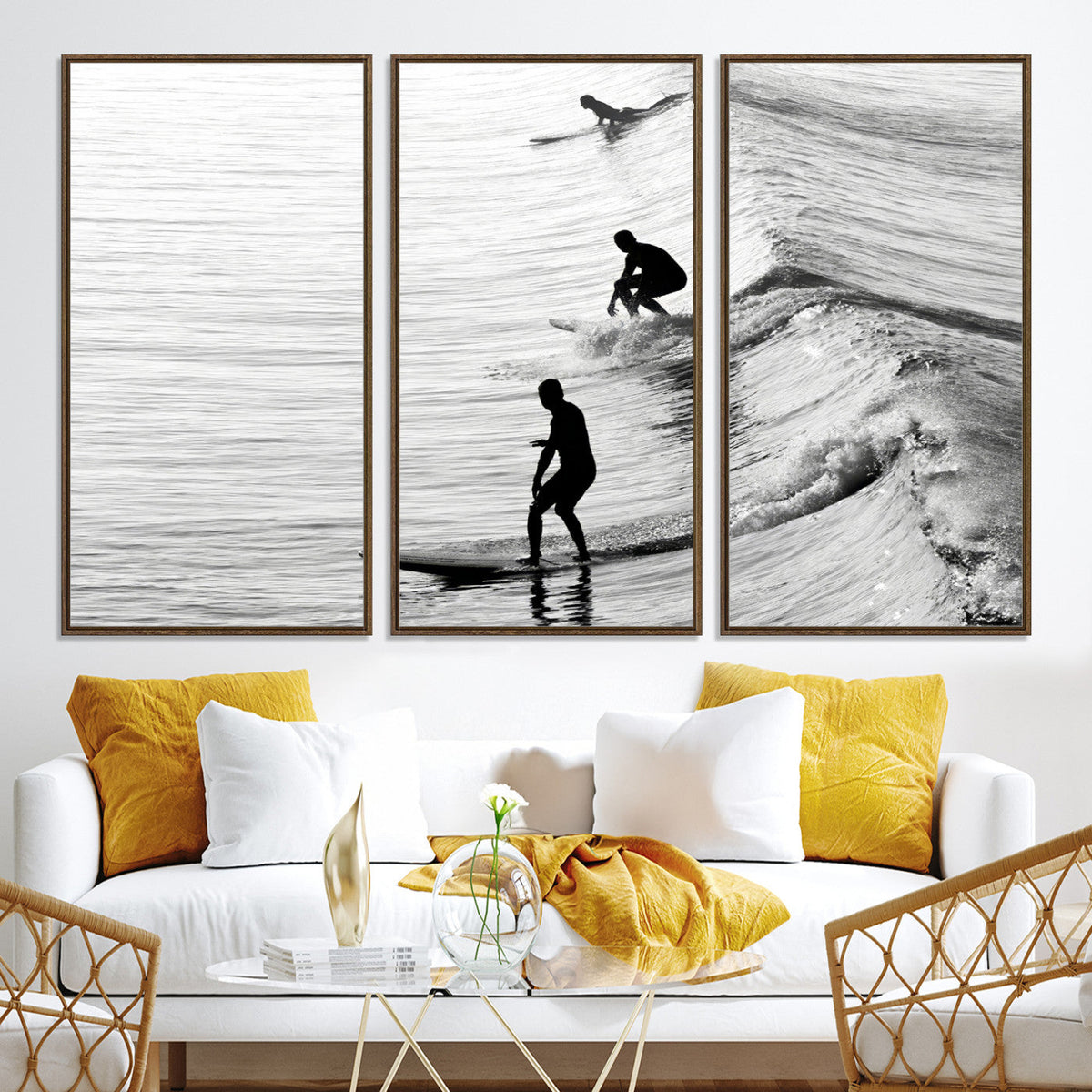Surfers on Waves Wall Art Canvas Print | Framed Black and White Surf