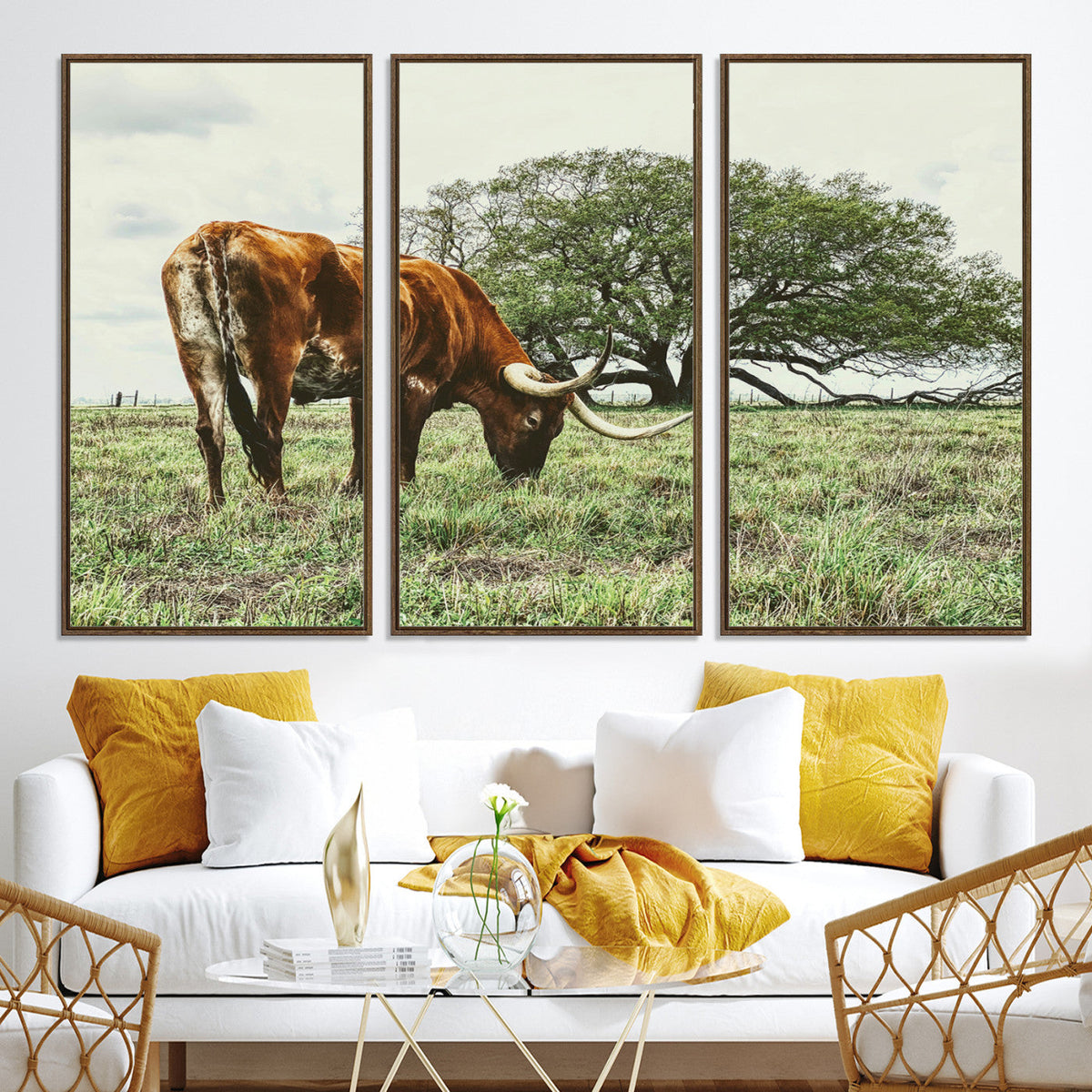 Texas Longhorn Wall Art Canvas Print, Rustic Western Ranch