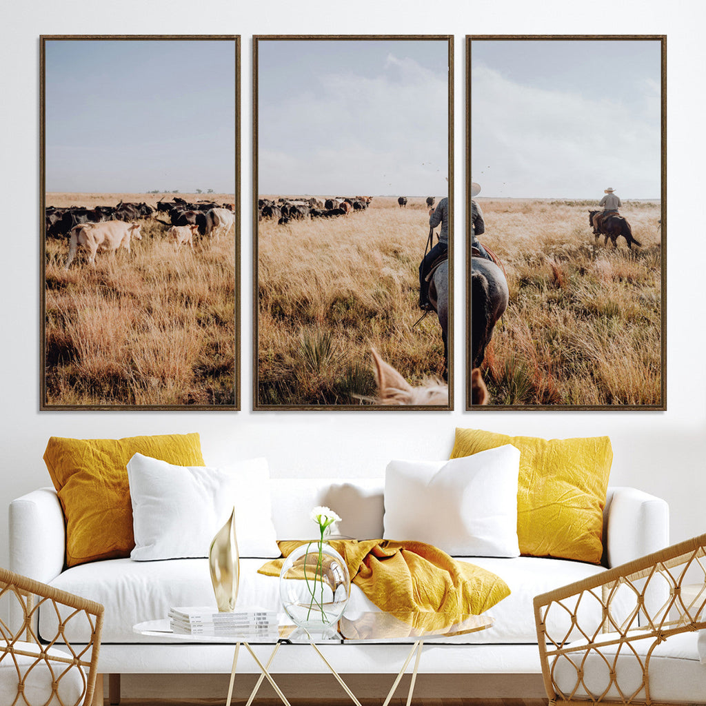 Western Wall Art Canvas Print, Framed Cowboy Cattle Drive Scene