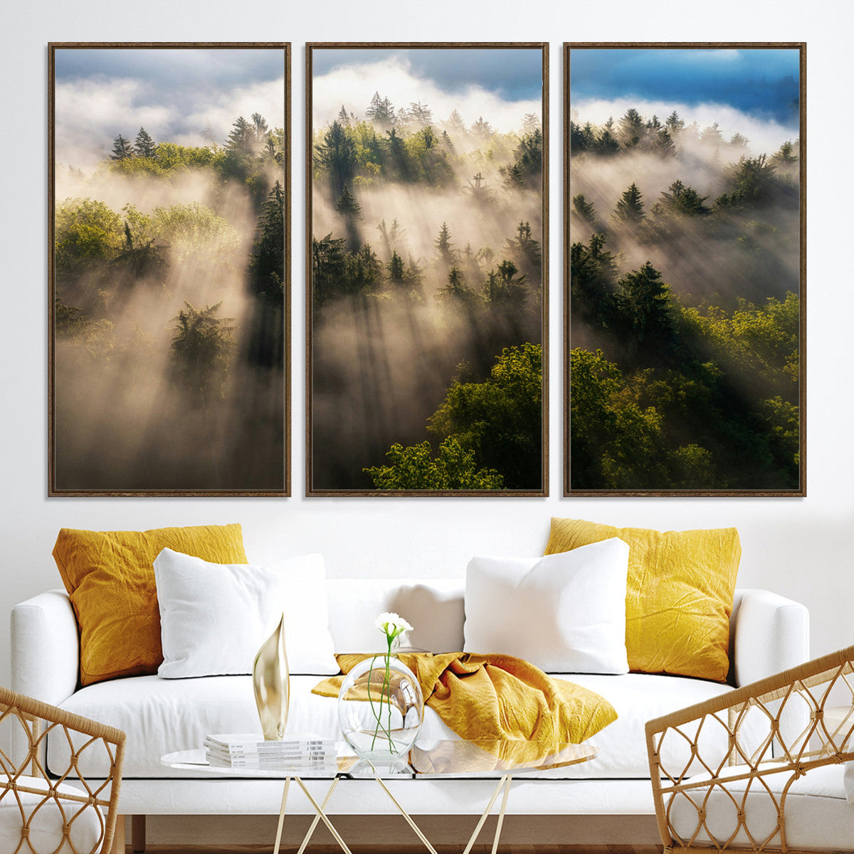 Tranquil Forest Scene Wall Art Canvas Print, Framed Moody Sunbeam Through Trees