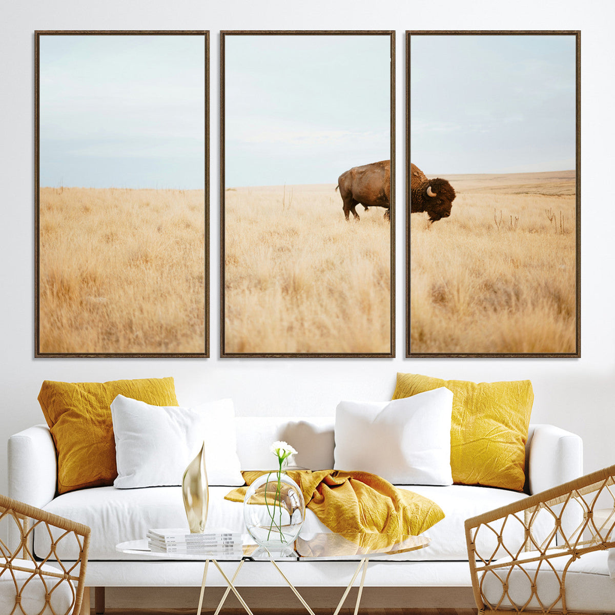 Buffalo Wall Art Canvas Print, Framed Western Wildlife Rustic Prairie Scene