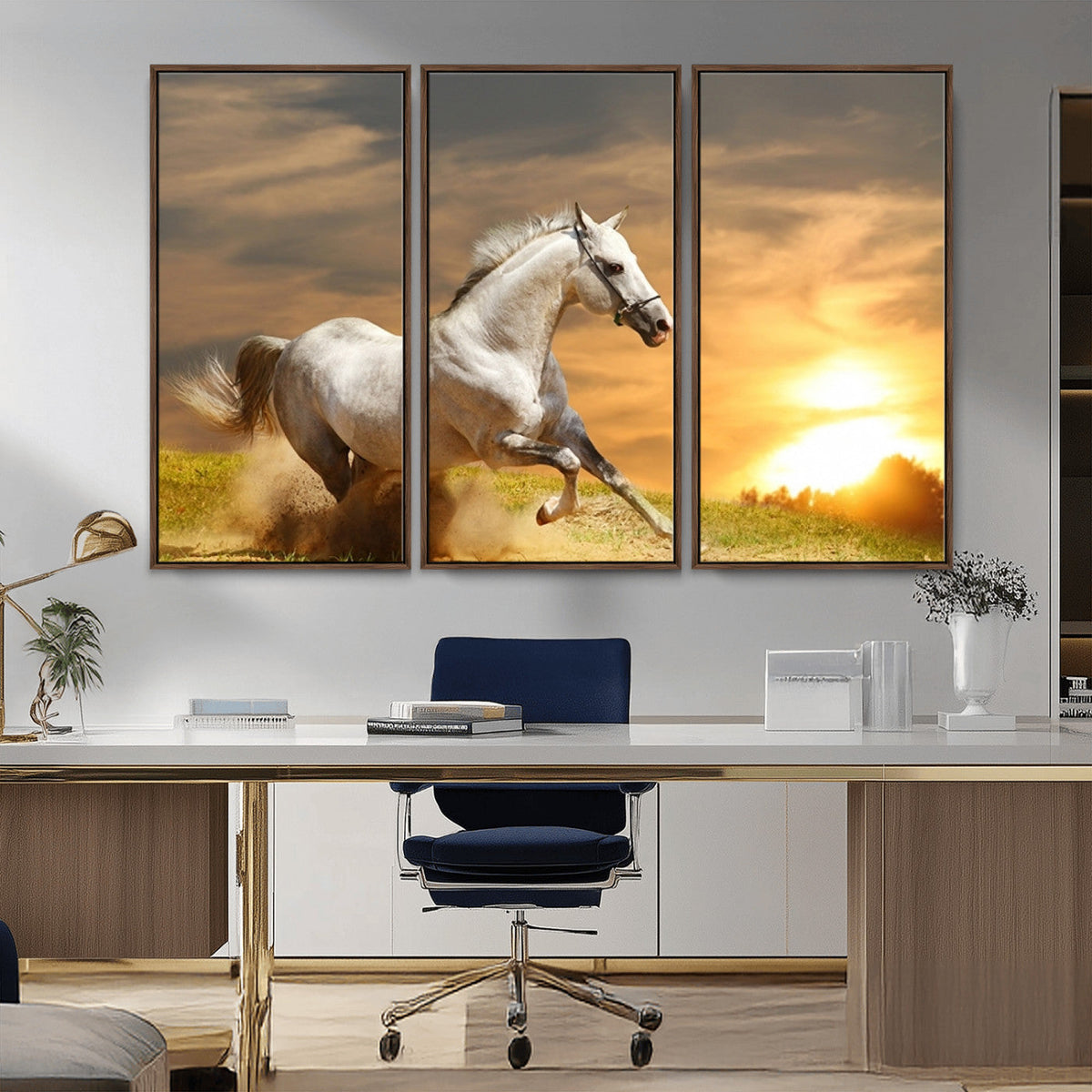 Large Wall Art Galloping White Horse at Sunset Canvas Print