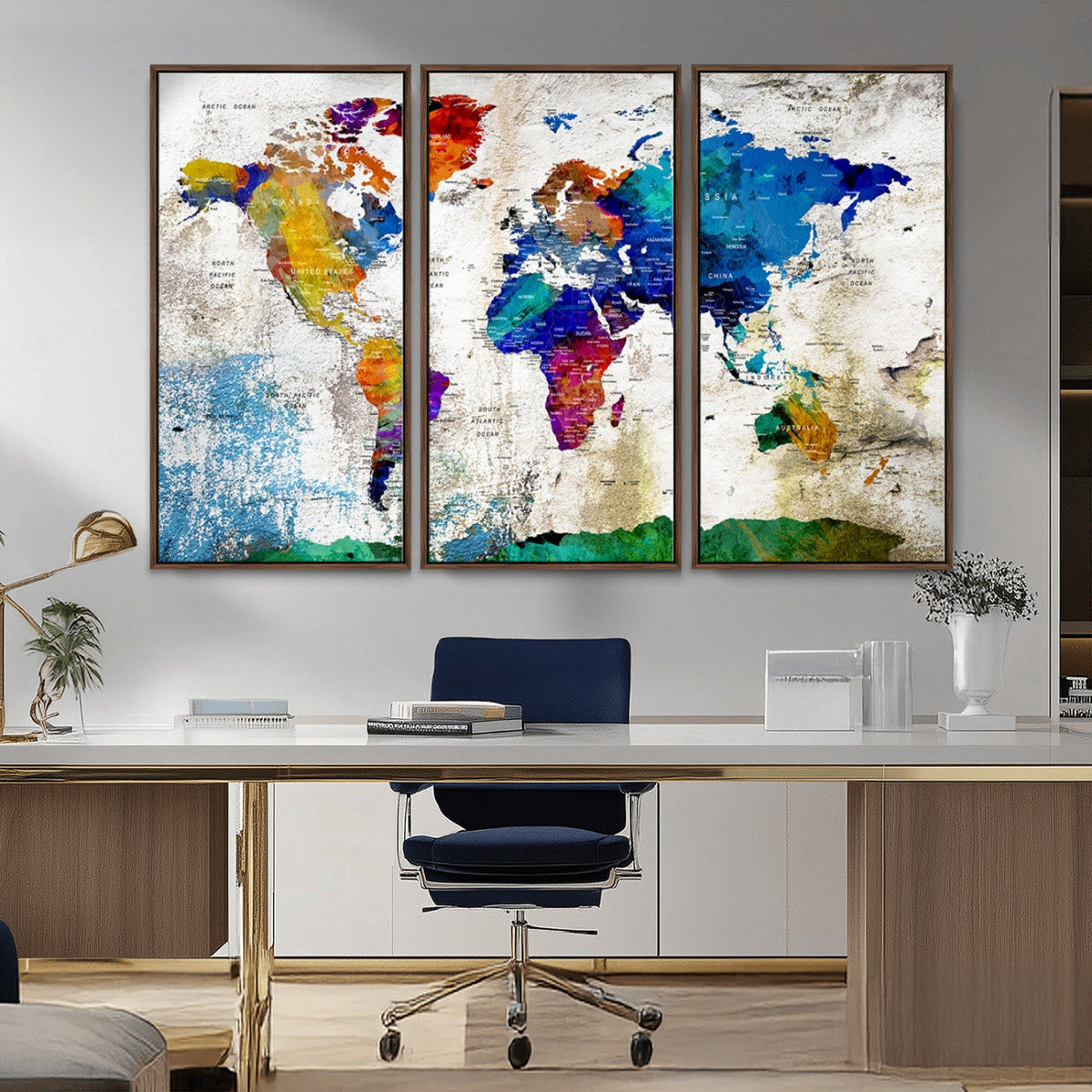 Navy Blue and Orange Watercolor World Map Canvas Print | Framed Travel Map