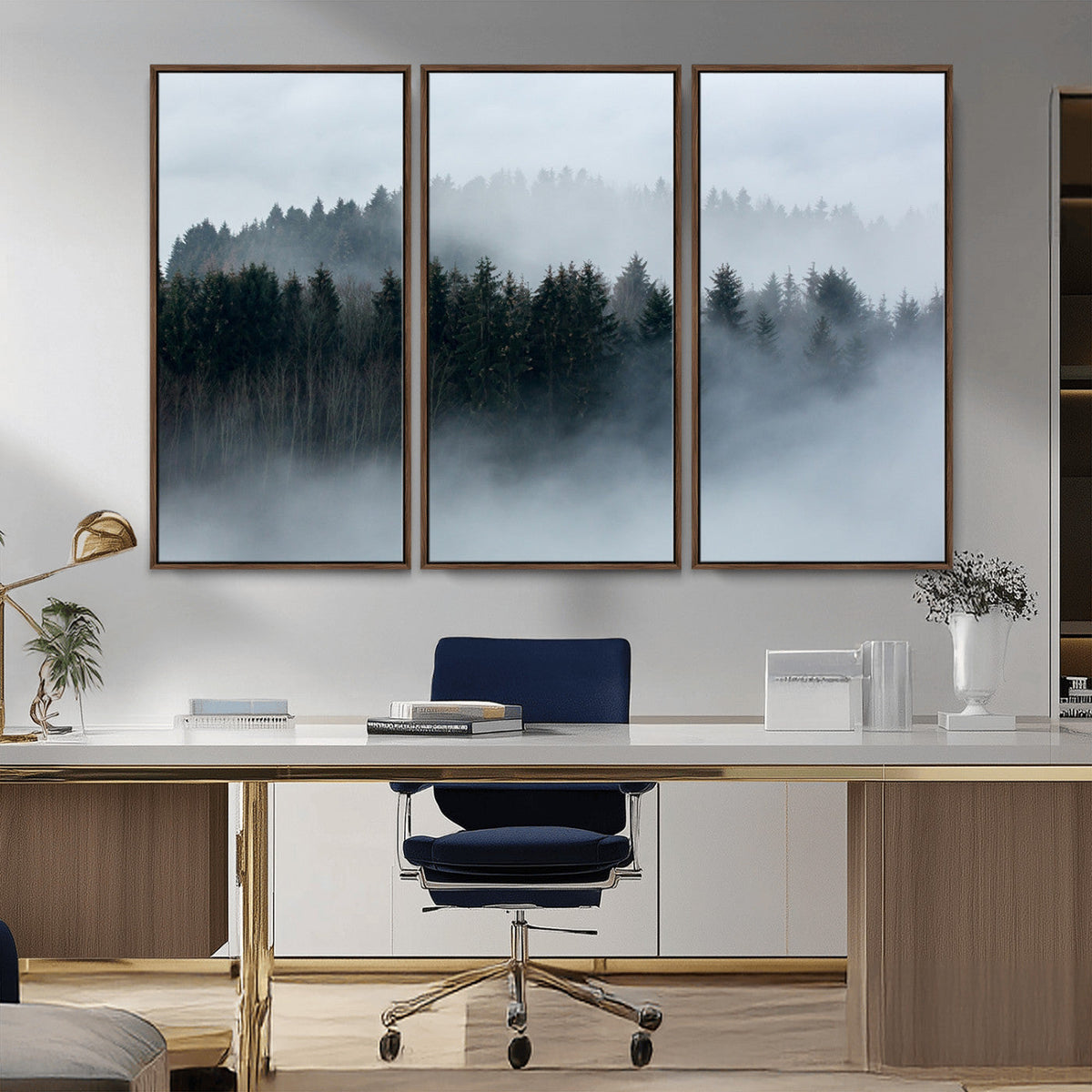 Autumn and Misty Trees in the Forest Wall Art Canvas Print, Foggy Forest Mountain Wall Art