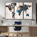 Abstract Earth Tone Blue World Map Canvas Print | Framed Travel Map Wall Art