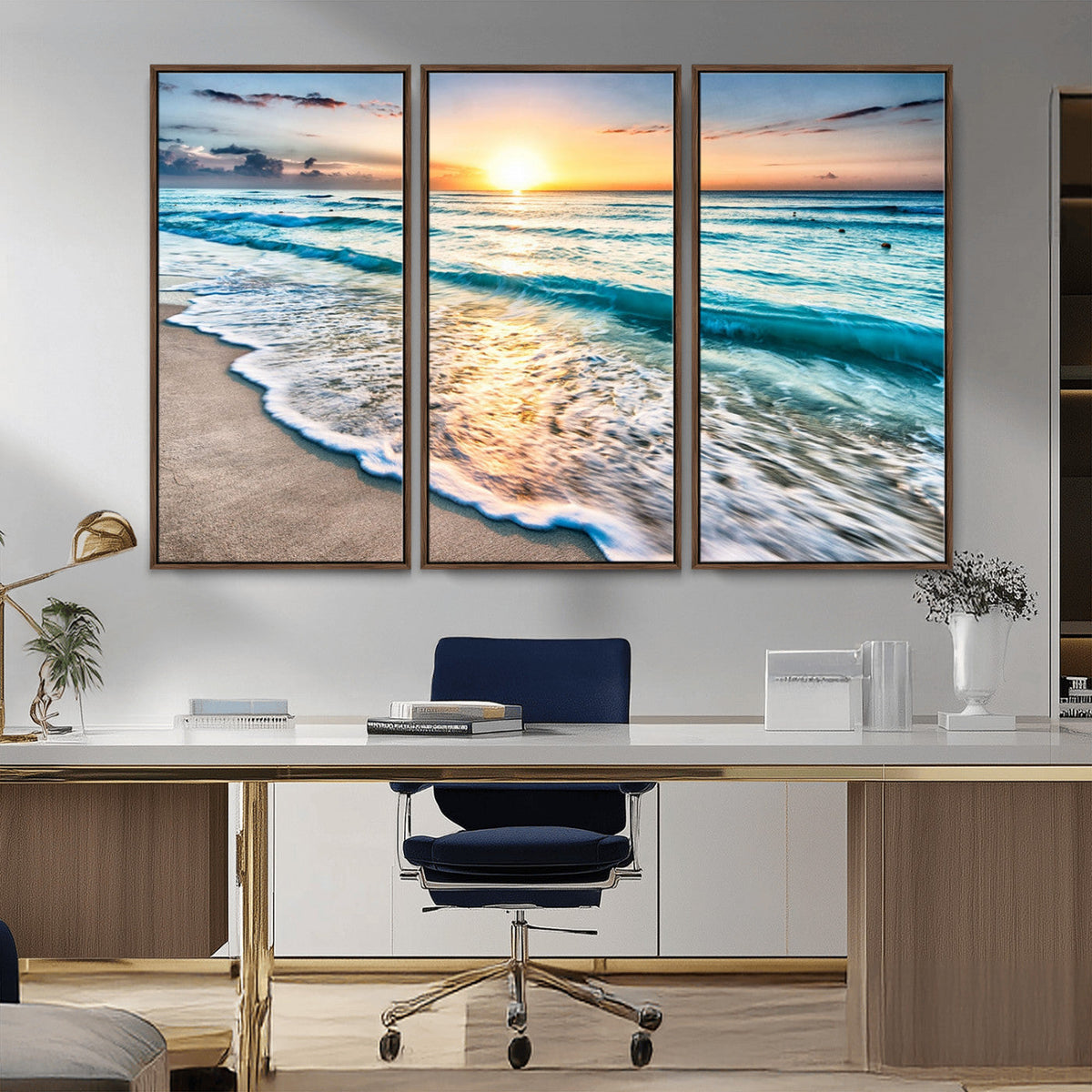Sunset Beach Waves Canvas Wall Art | Ocean Sunset Coastal Print