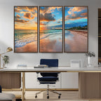 Sunset Beach Canvas Wall Art | Tropical Triptych Seascape Print