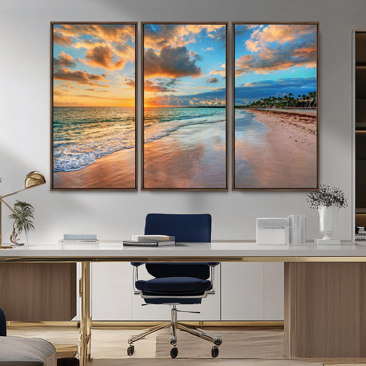 Sunset Beach Canvas Wall Art | Tropical Triptych Seascape Print