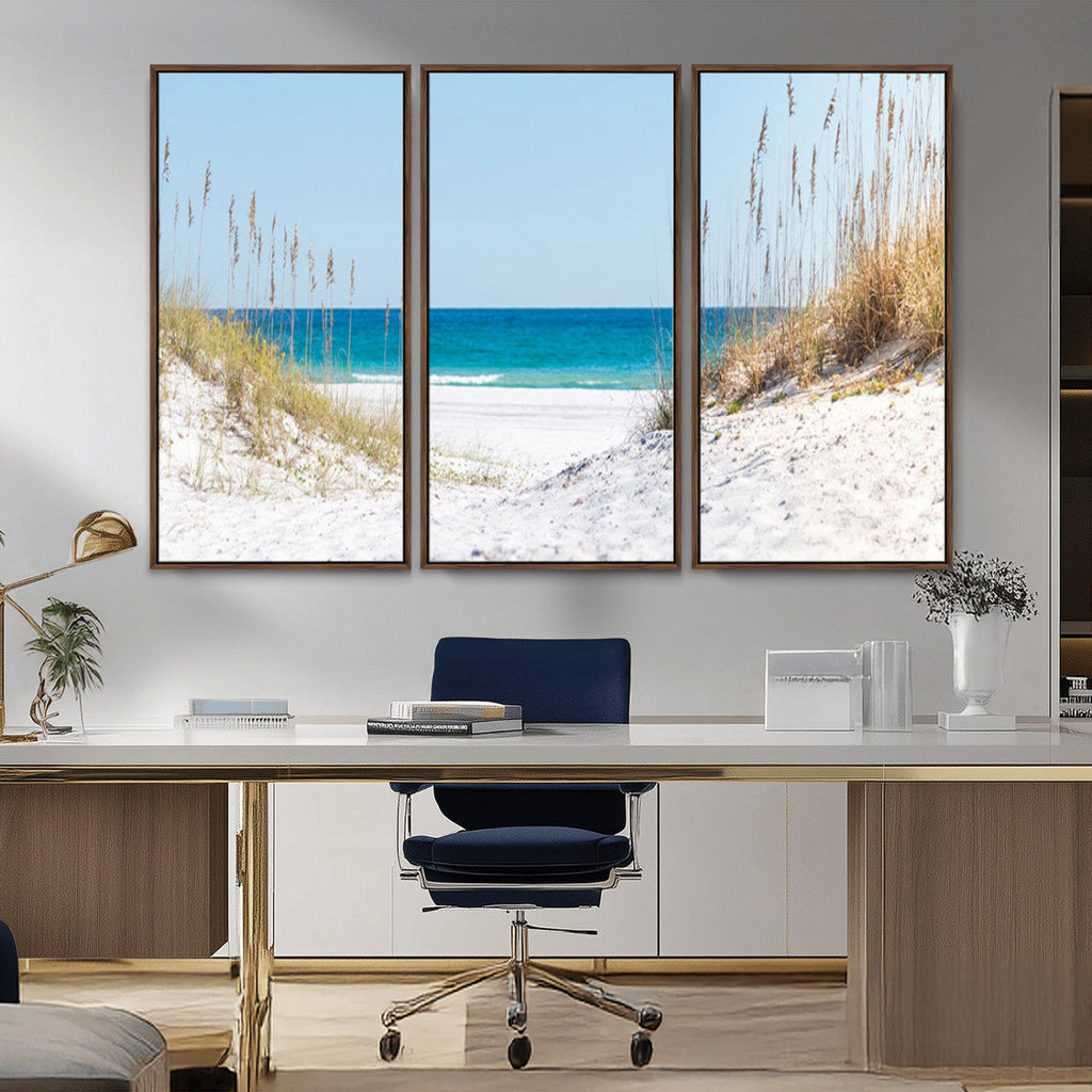 Serene Coastal Dune Path with Ocean View, 3-Panel Beach Canvas Wall Art