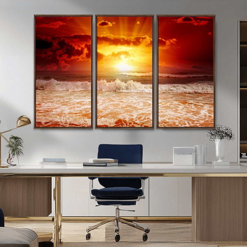 Red Sunset Ocean Beach Canvas Wall Art, Coastal Sunset Print