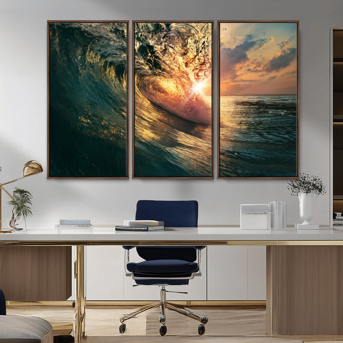 Ocean Wave Sunset Canvas Wall Art | Triptych Seascape Print