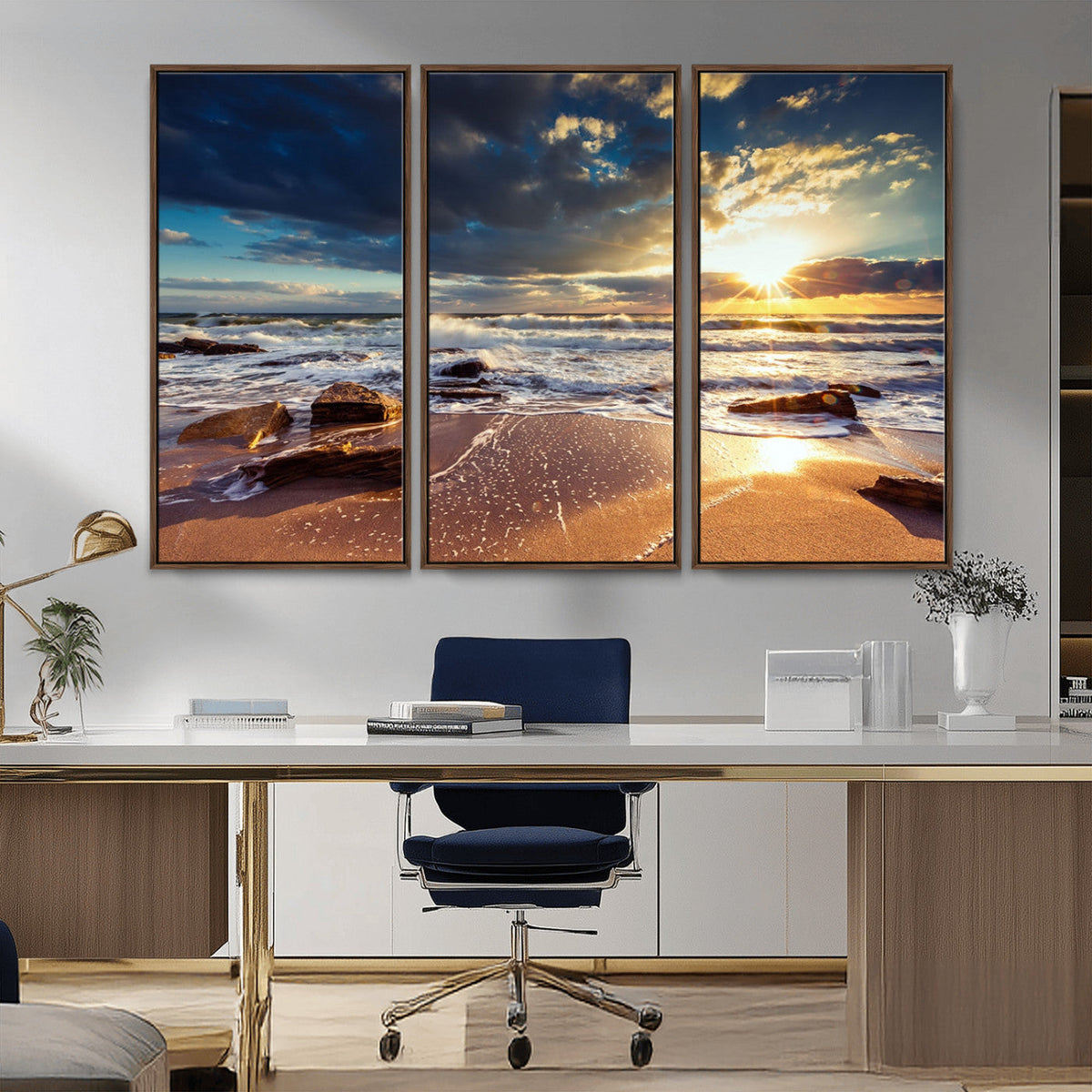 Golden Hour Beach Sunset Canvas Triptych, Ocean Waves and Rocks Wall Art