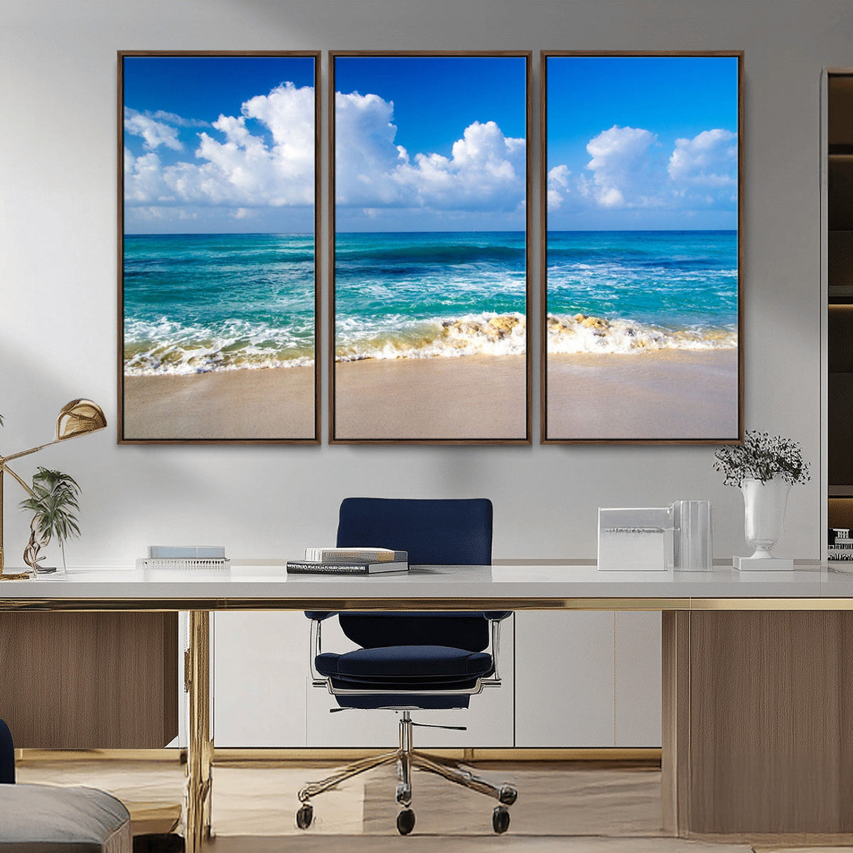 Tropical Beach 3-Panel Canvas Wall Art | Serene Ocean Waves and Blue Sky Print