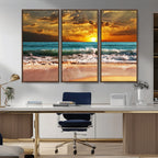 Golden Sunset Beach Canvas Wall Art | Triptych Seascape Print, Framed and Ready to Hang