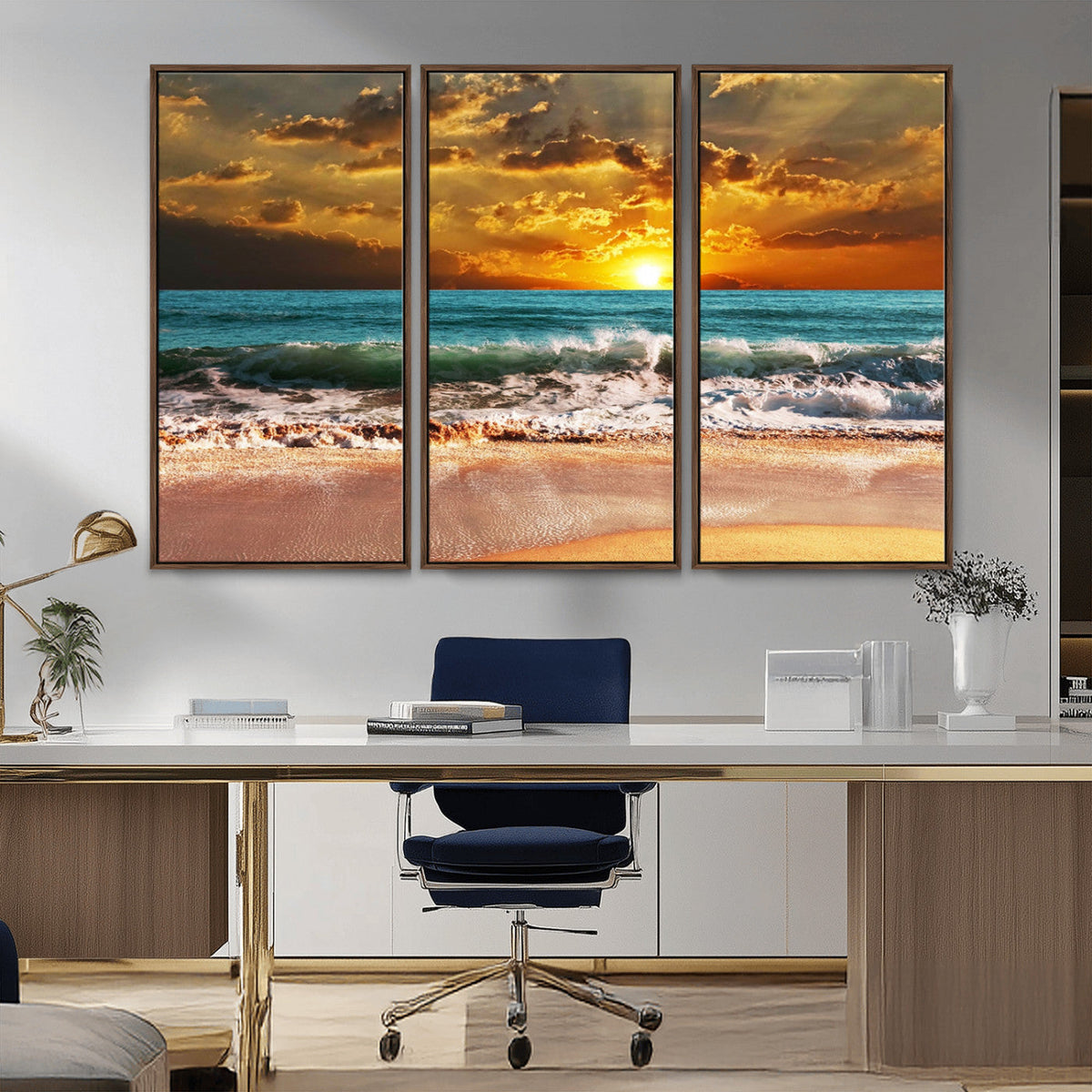 Golden Sunset Beach Canvas Wall Art | Triptych Seascape Print, Framed and Ready to Hang