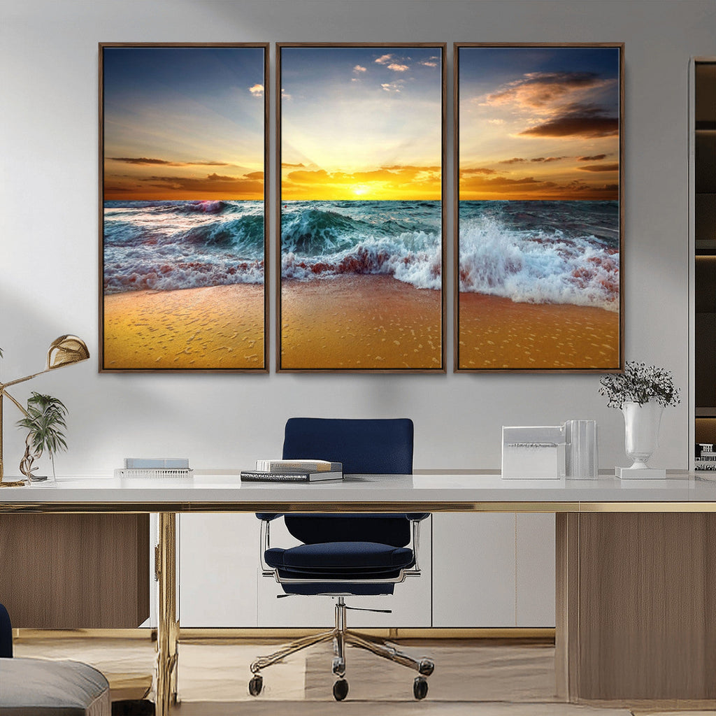 Golden Sunset Ocean Waves Wall Art Canvas Print | Multi Panel Beach Canvas Set, Coastal Triptych