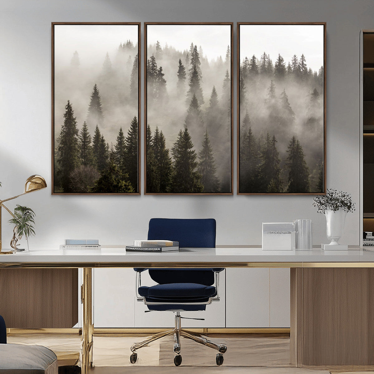 Foggy Mountain Wall Art | 3-Panel Foggy Forest and Mountain Landscape Canvas Print