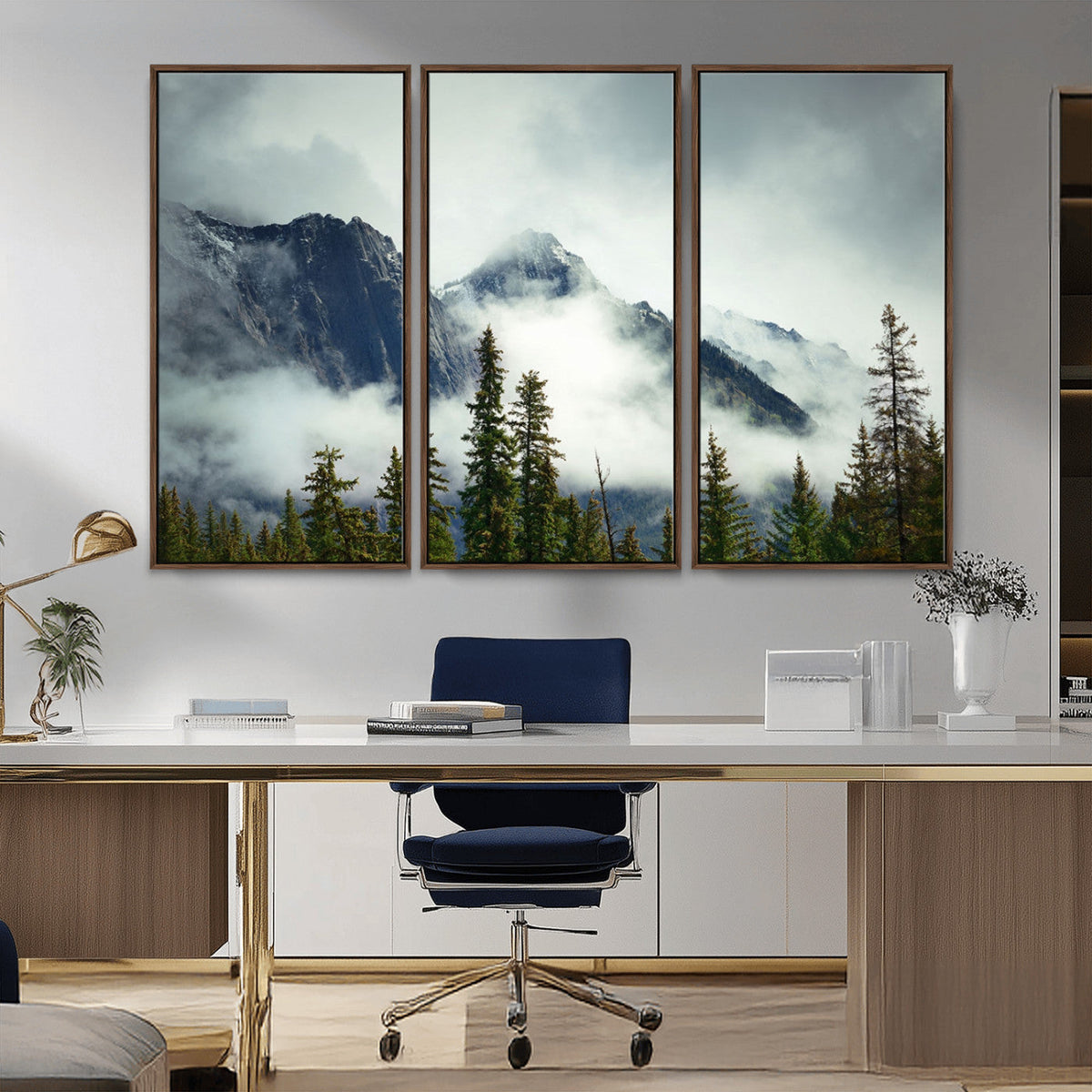 Mountain Mist Canvas Wall Art Print | 3-Panel Foggy Forest and Mountain Landscape