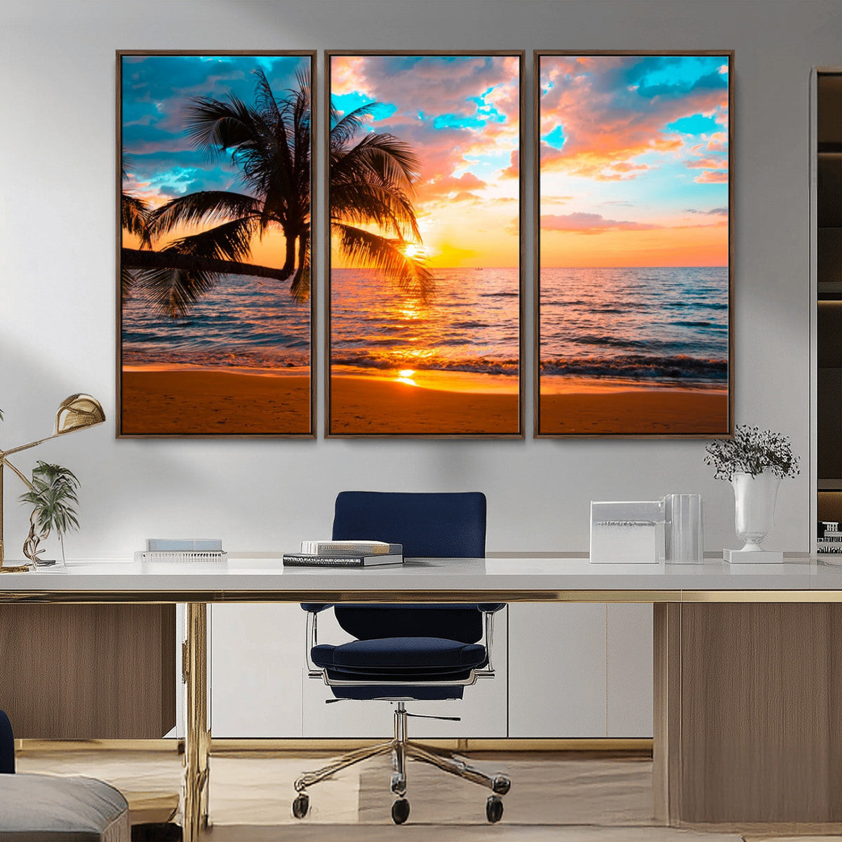 Palm Tree Sunset On The Beach Wall Art Canvas, Framed Palm Tree Sunset Canvas Print