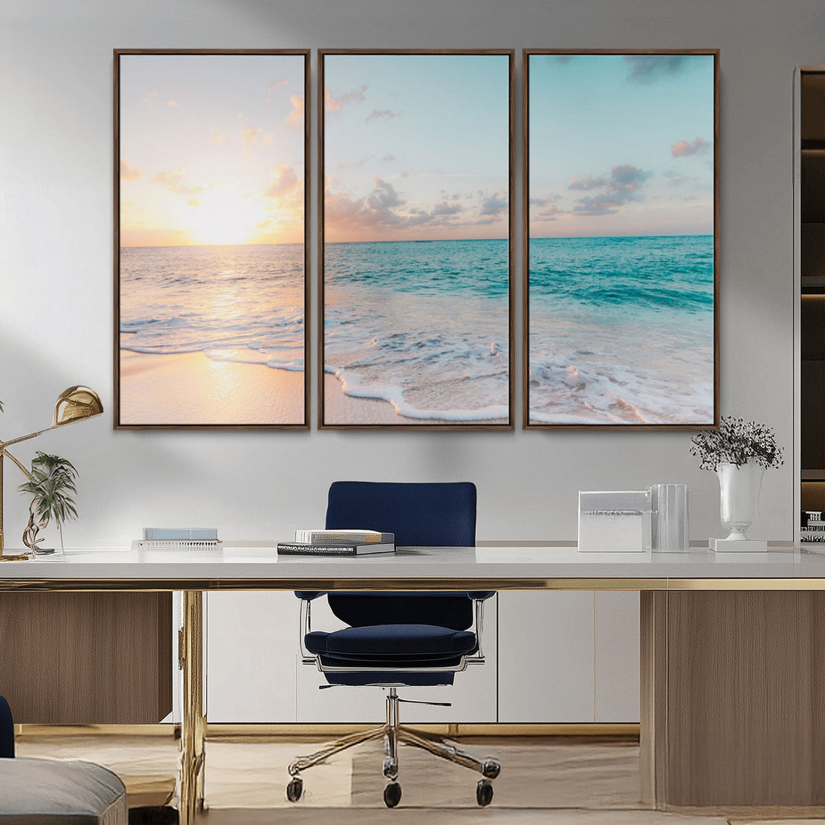 Tranquil Ocean Beach Sunset Canvas Wall Art | 3-Panel Coastal Decor