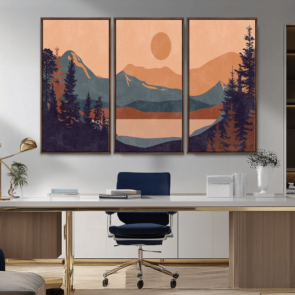 Modern Boho Sunset Canvas Print, Mountain Landscape Triptych
